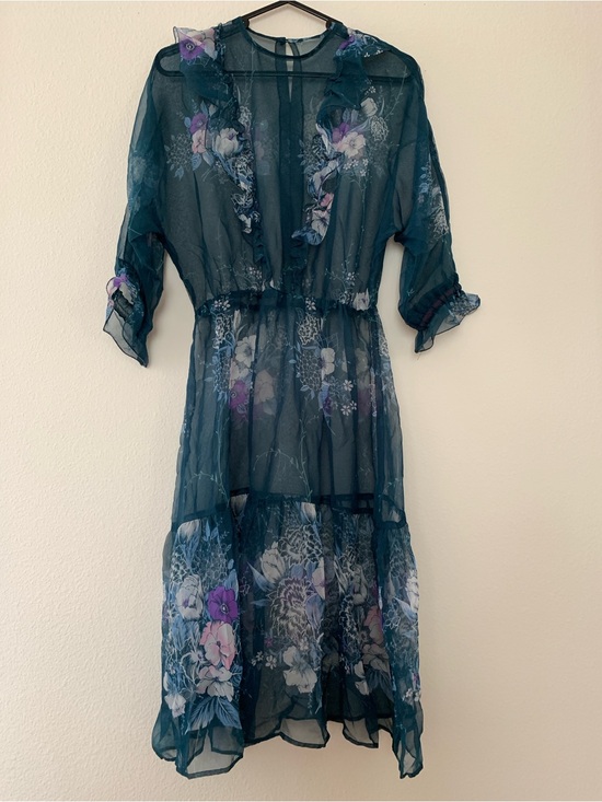Dresses & Skirts - Sheer, Silk, Teal Dress with Ruffles & Flowers